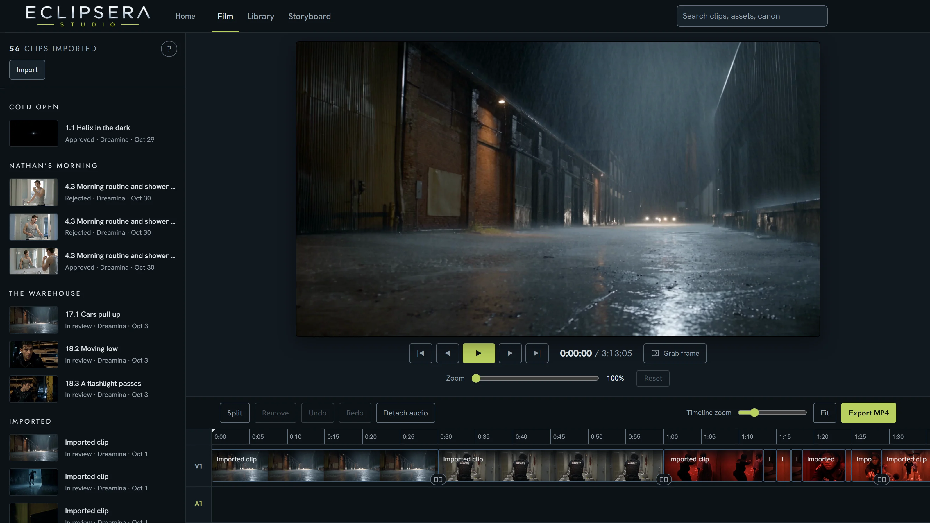 The Eclipsera Studio film editor: clip rail, preview, and timeline