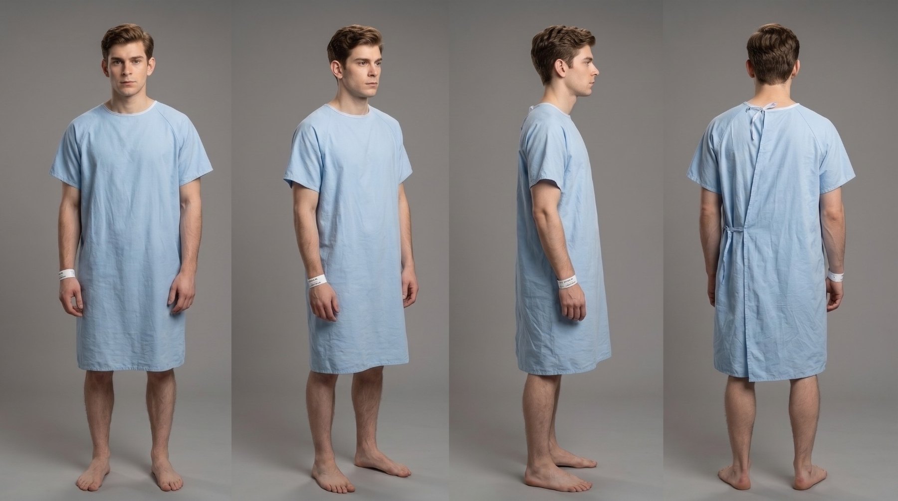 Character turnaround sheet for Nathan in a hospital gown, showing front, three-quarter, side and back views