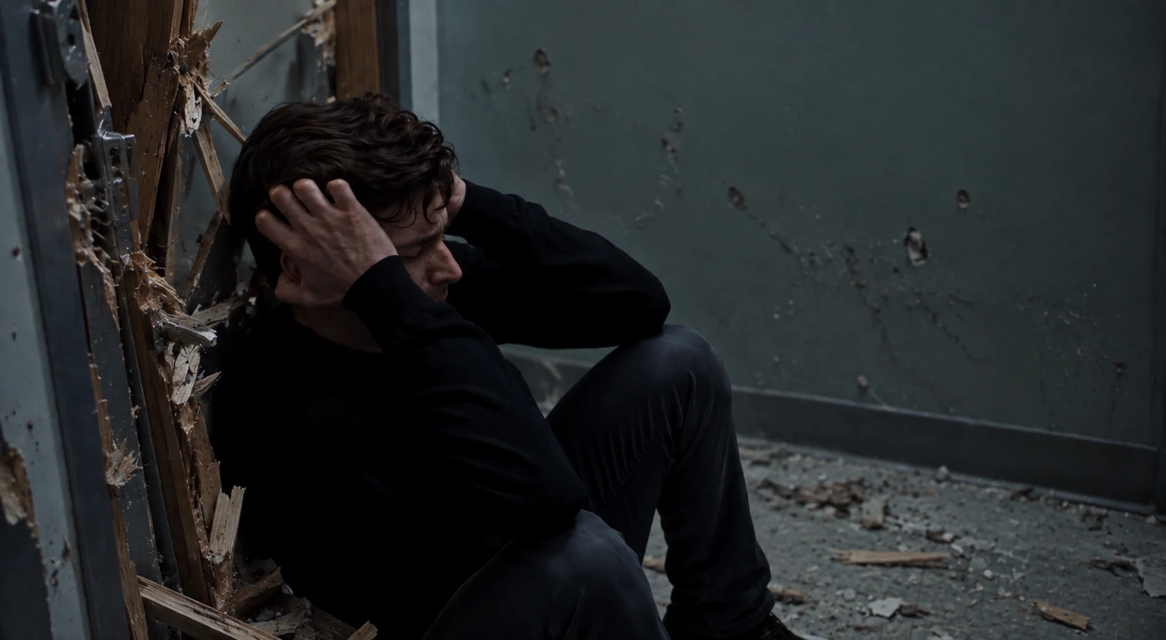 Nathan sitting against a splintered door, hands on his head