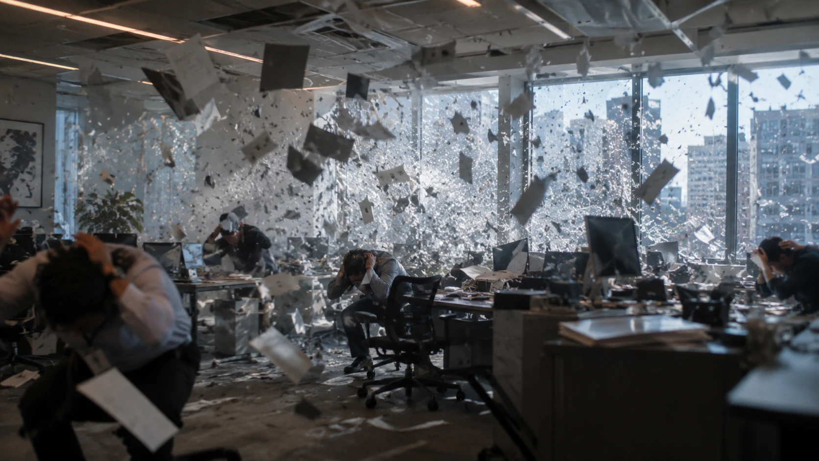 An office thrown into chaos, papers and debris flying through the air