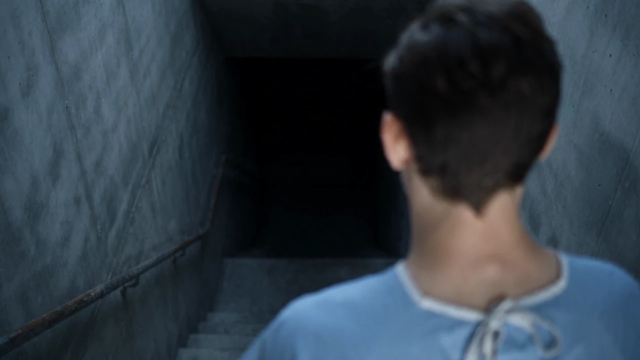 A man in a hospital gown seen from behind, standing at the top of a dark concrete stairwell