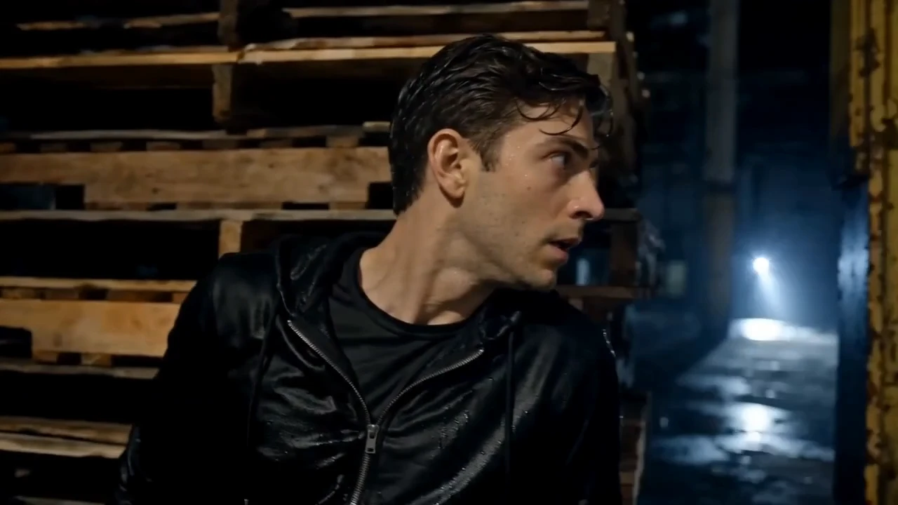 Nathan, soaked from the rain, glancing back in a dark warehouse lot